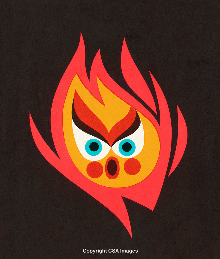 Stylized Flaming Face Illustration With Expressive Cartoonish Expression on Dark Background