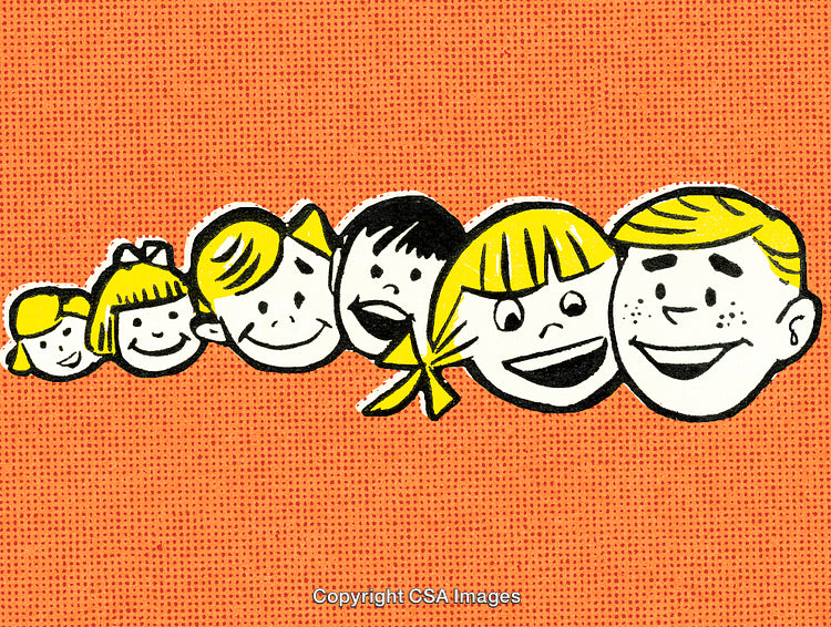 Vintage Cartoon Illustration of Smiling Children Faces Against an Orange Background