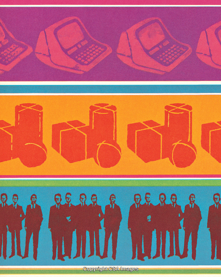 Abstract Pop Art Depicting Technology, Goods, and People Silhouettes