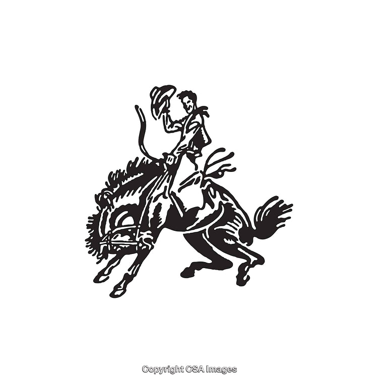 Black and White Artwork of Rodeo Cowboy Riding a Bucking Horse