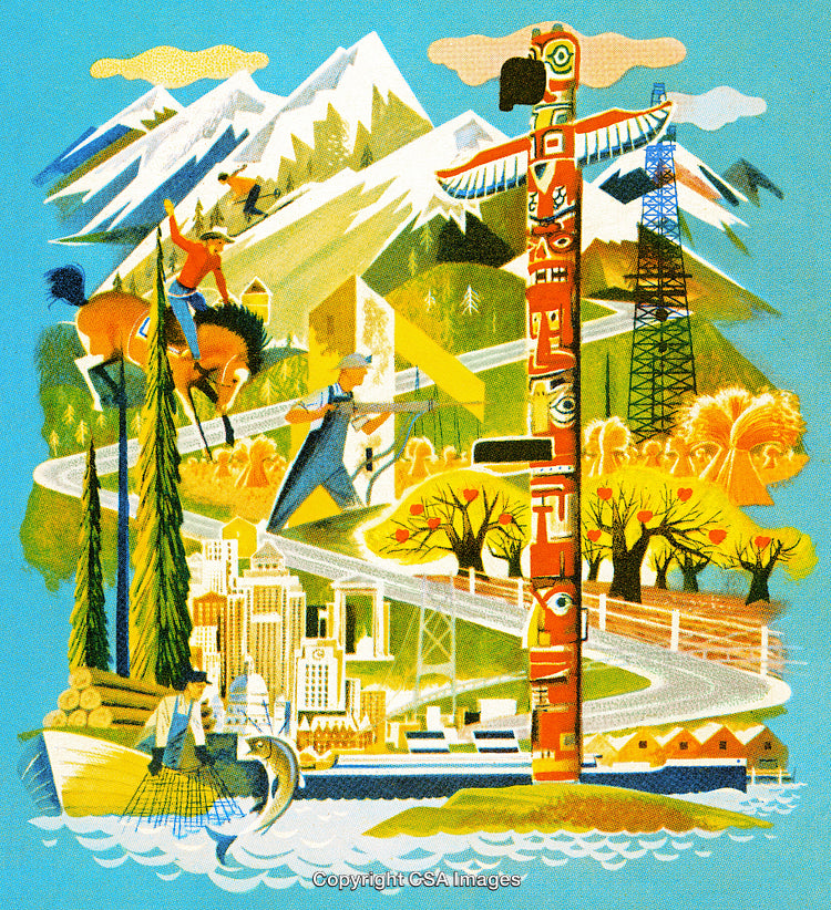 Illustrated Collage Depicting Natural and Urban Scenes in Vibrant Colors