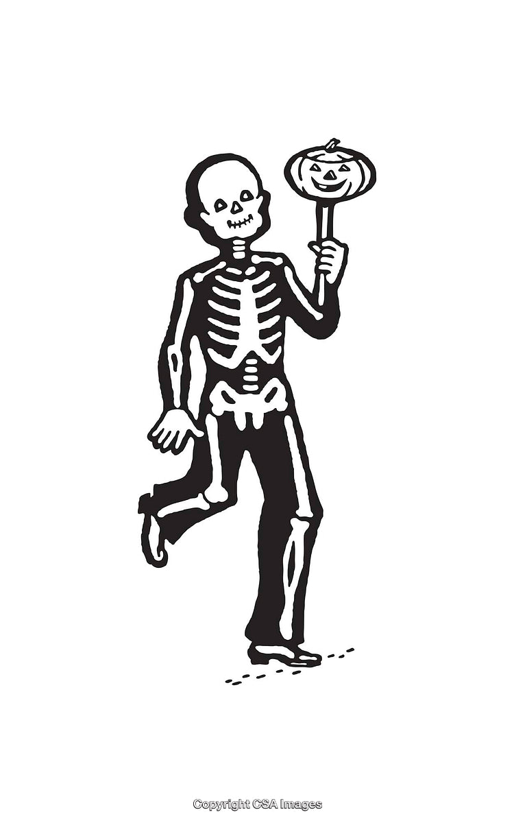 Black and White Skeleton with Jack-o'-Lantern Illustration