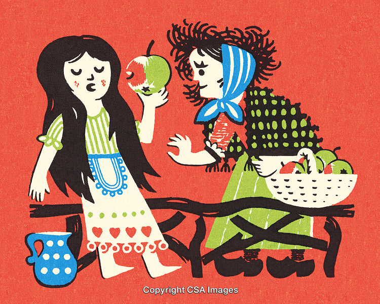 Illustration of Two Women and Apples Depicting a Folkloristic Scene