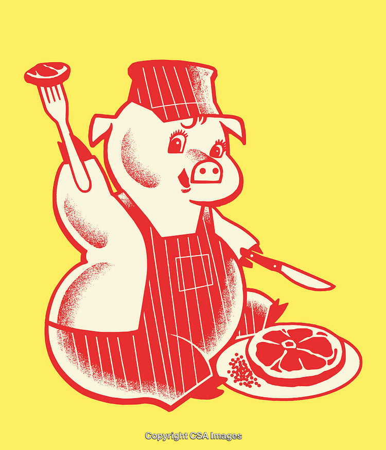 Retro Line Art Illustration of a Chef Pig With Food