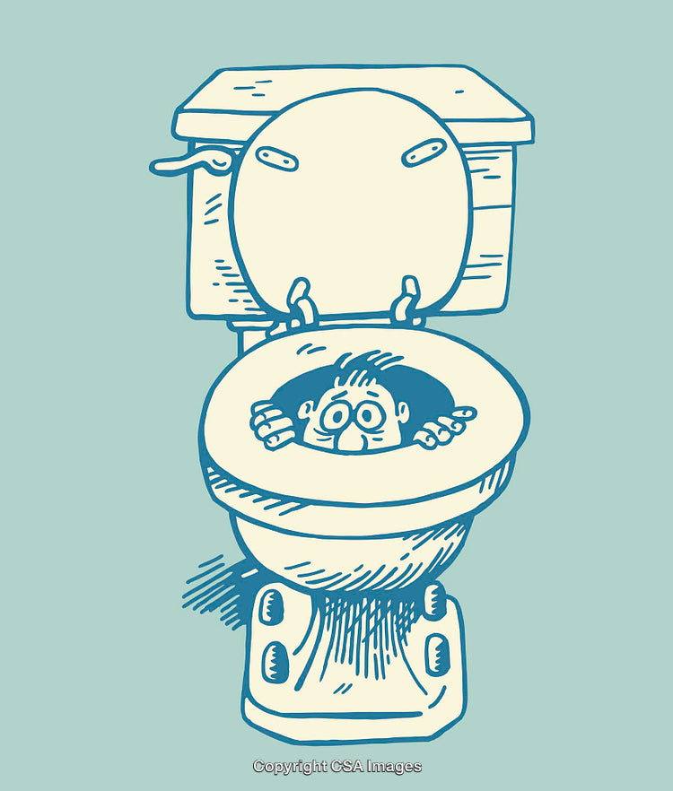 Humorous Illustration of a Person Trapped Inside a Toilet Bowl