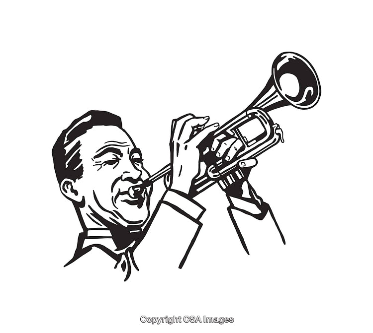 Black and White Line Art of a Trumpet Player Performing Lively Music