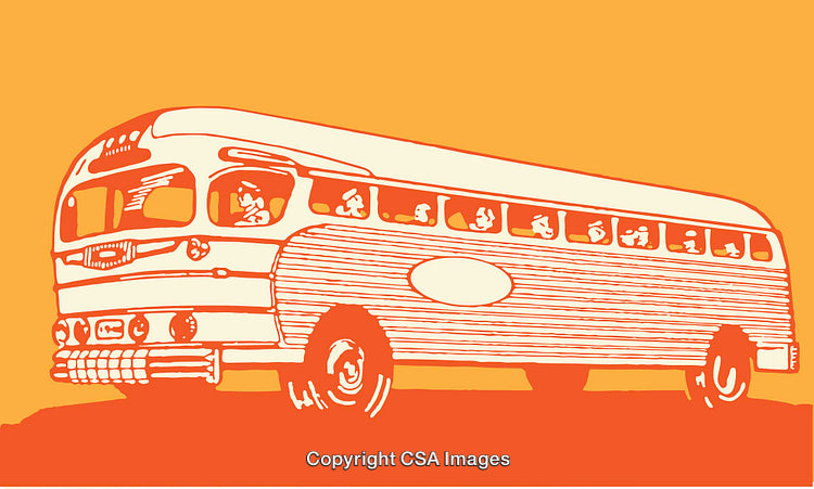 Retro Illustrative Artwork of a Colorful Vintage Bus in a Pop Art Style