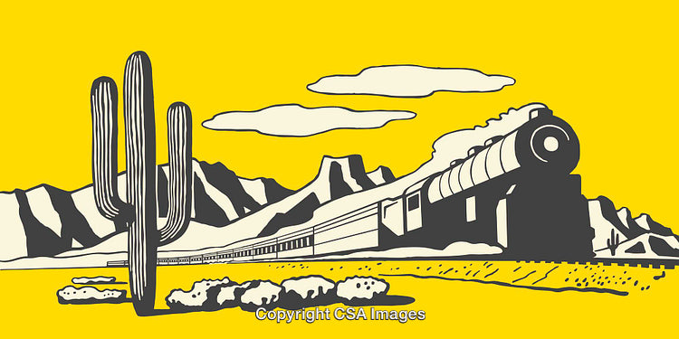 Scenic Desert Landscape with Train and Cactus in Bold Line Art