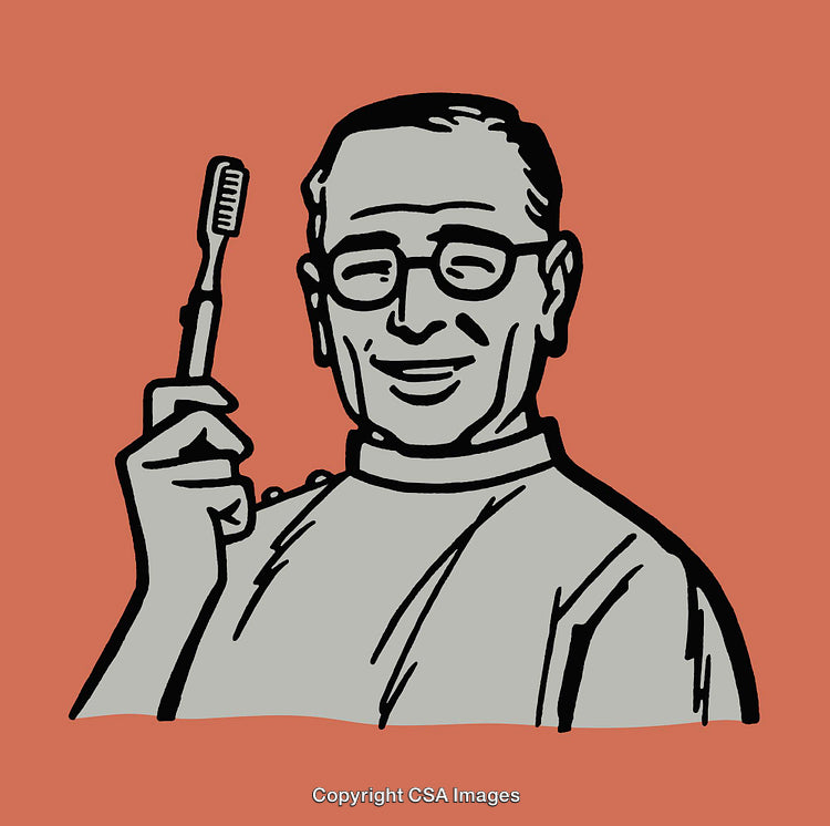 Retro Line Art Illustration of a Smiling Dentist Holding a Toothbrush