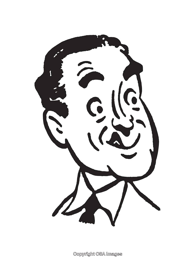 Retro Black and White Cartoon Style Line Art of Smiling Man