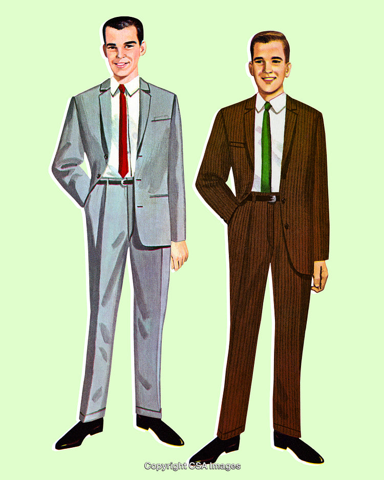 Stylish Men in Formal Suits Featuring Retro Fashion Illustration