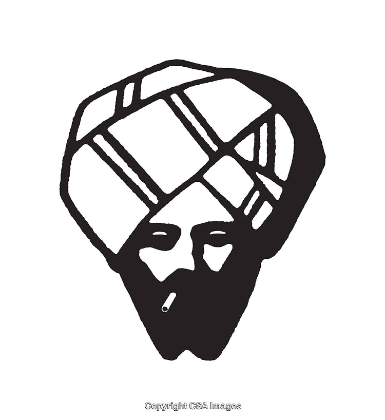 Black and White Line Art of a Bearded Man with a Turban