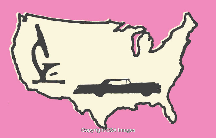 Illustration of US Map Featuring Car and Microscope Symbols on Pink Background