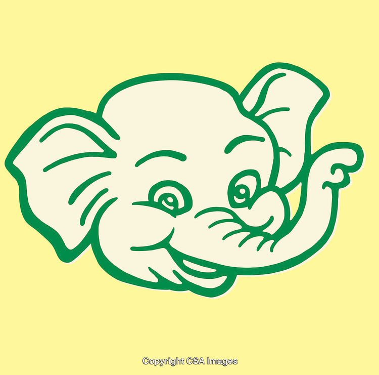 Cartoon Line Art Illustration of a Smiling Elephant Face in Yellow and Green