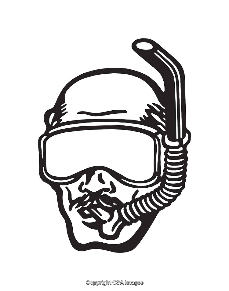 Black And White Line Art of Diver Skull Snorkel Illustration