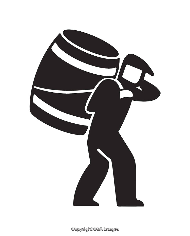 Silhouette Illustration of Worker Carrying Heavy Barrel in Black and White