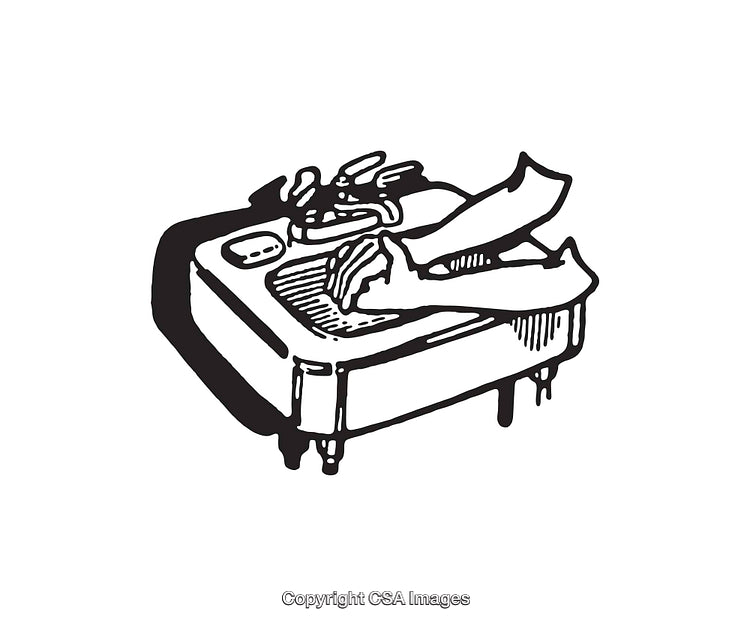 Black and White Illustration of Hands Washing in Retro-Style Sink