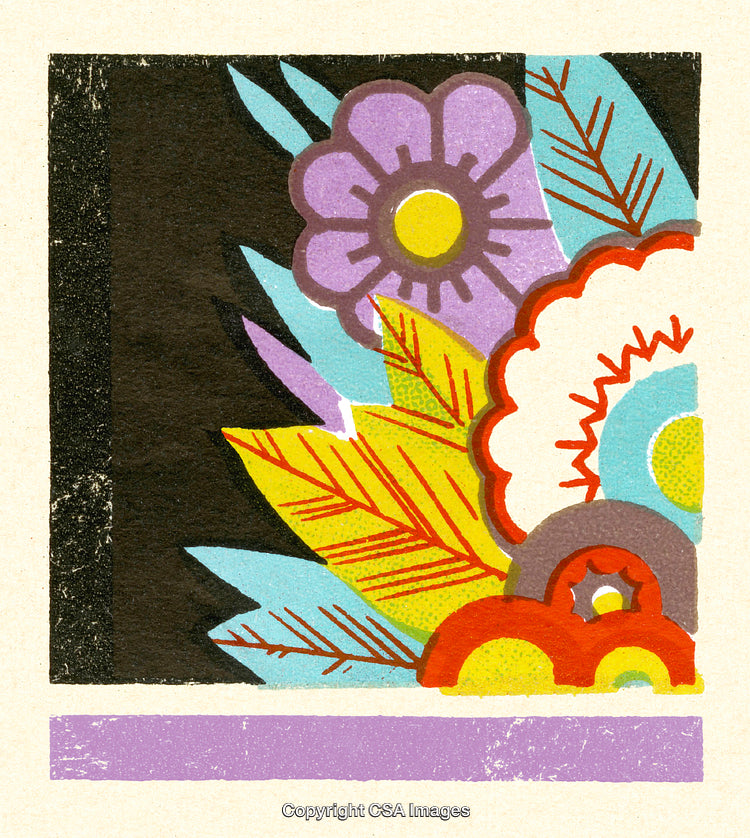 Colorful Floral Illustration with Bold Graphic Patterns and Retro Style