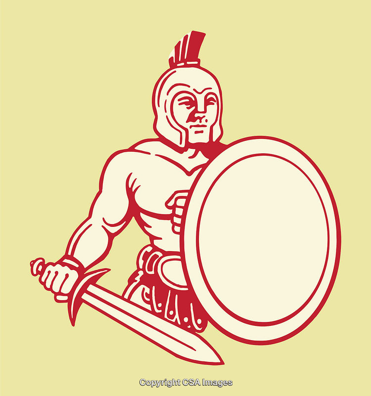 Red Spartan Warrior Illustration Holding Shield and Sword with Bold Lines
