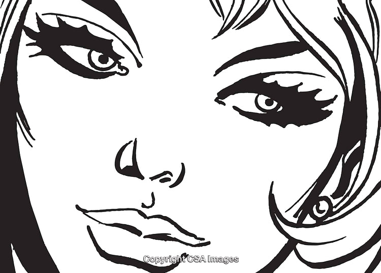 Black and White Illustration of a Woman’s Face Close-Up with Bold Lines