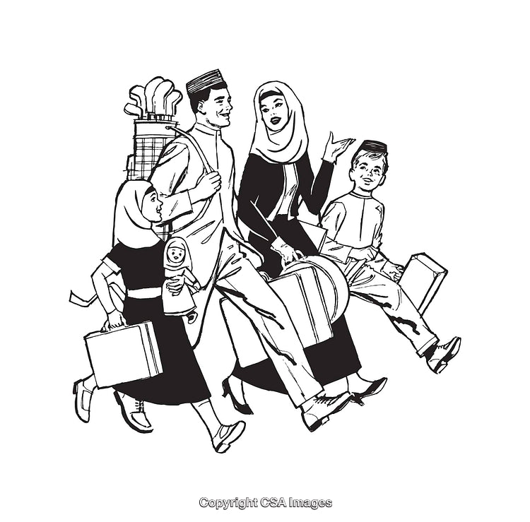 Illustrated Family Traveling Together in Black and White Line Art