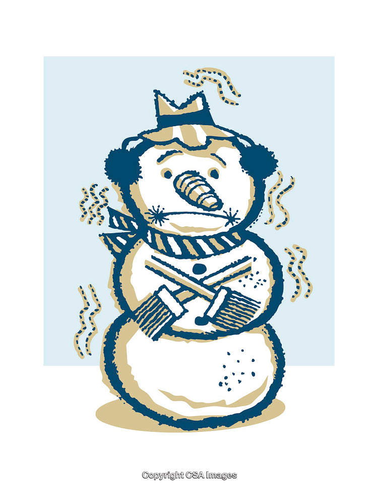 Whimsical Snowman Illustration with Winter Accessories and Cartoon Details