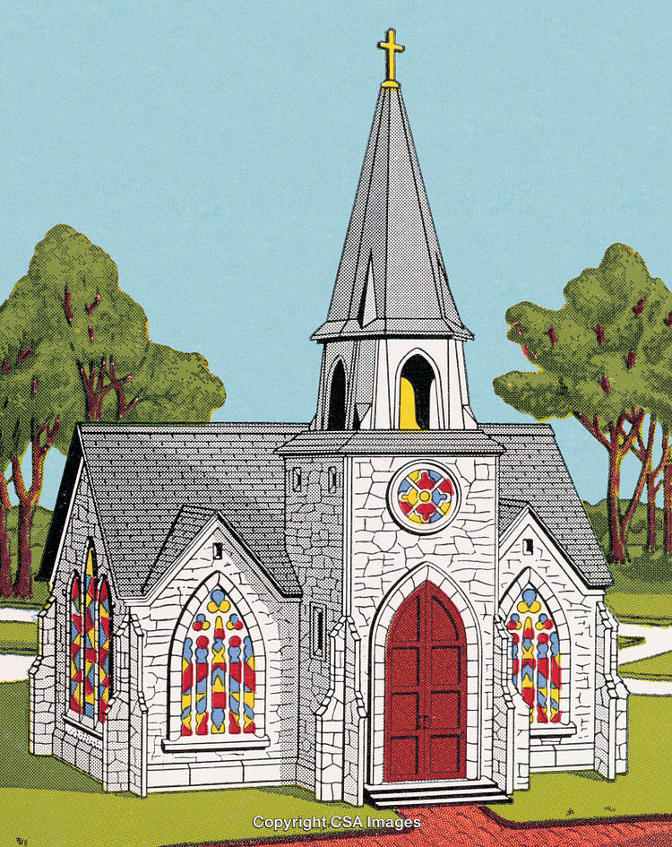 Illustration of a Charming Small Church With Colorful Stained Glass Windows