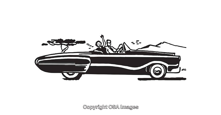 Black and White Line Art of a Classic Convertible with Passengers