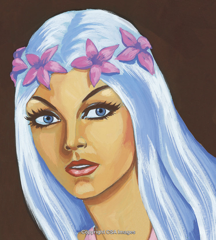 Illustrated Portrait of Woman With White Hair and Floral Headpiece
