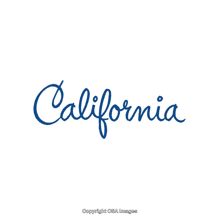 Handwritten California Text in Blue on White Background