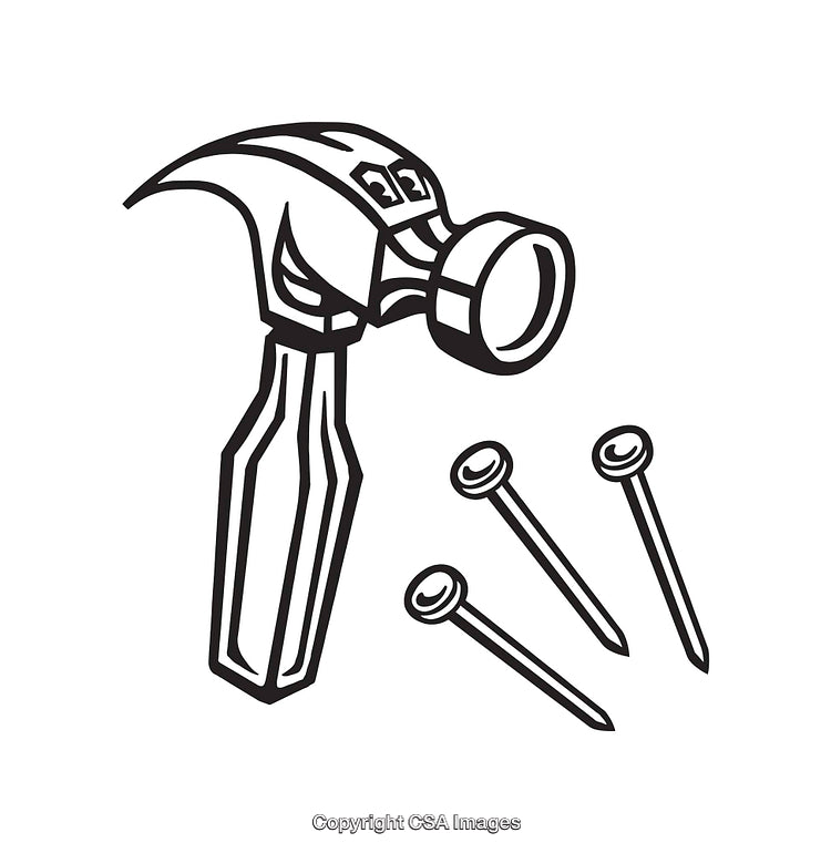 Black and White Line Art Illustration of Hammer and Nails