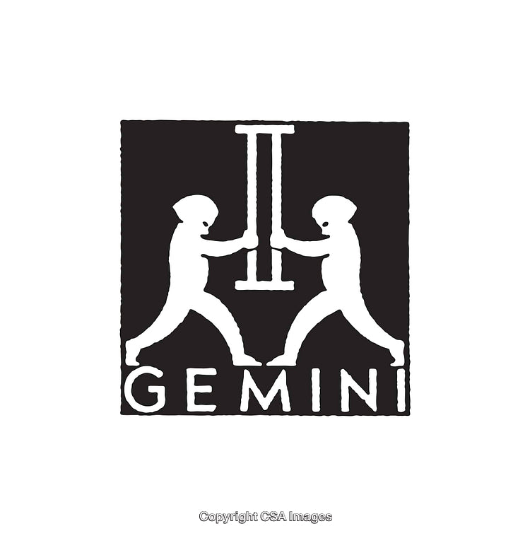 Black and White Gemini Symbol with Twin Figures and Zodiac Theme