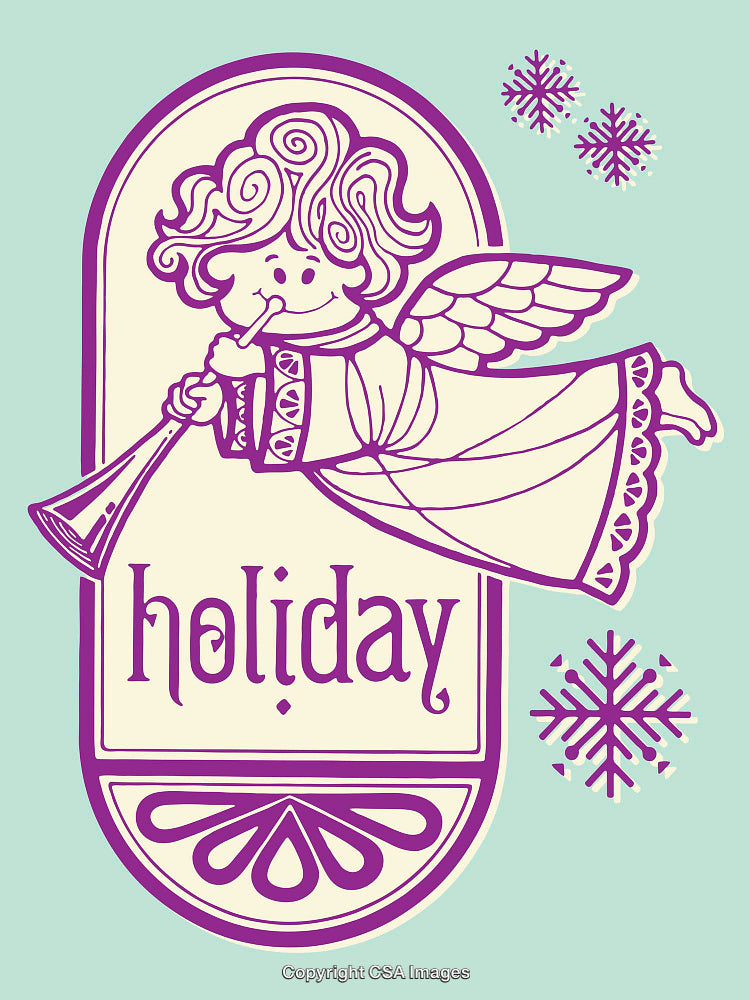 Whimsical Holiday Angel Illustration with Trumpet and Snowflake Accents