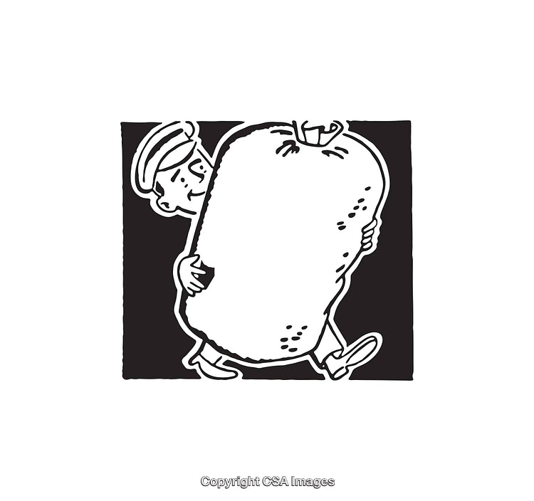 Delivery Person Carrying a Large Potato Black and White Illustration