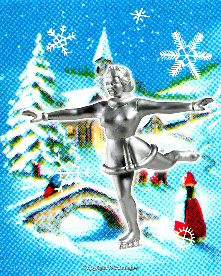 Silver Ice Skater Figurine Over Snowy Winter Wonderland Scene