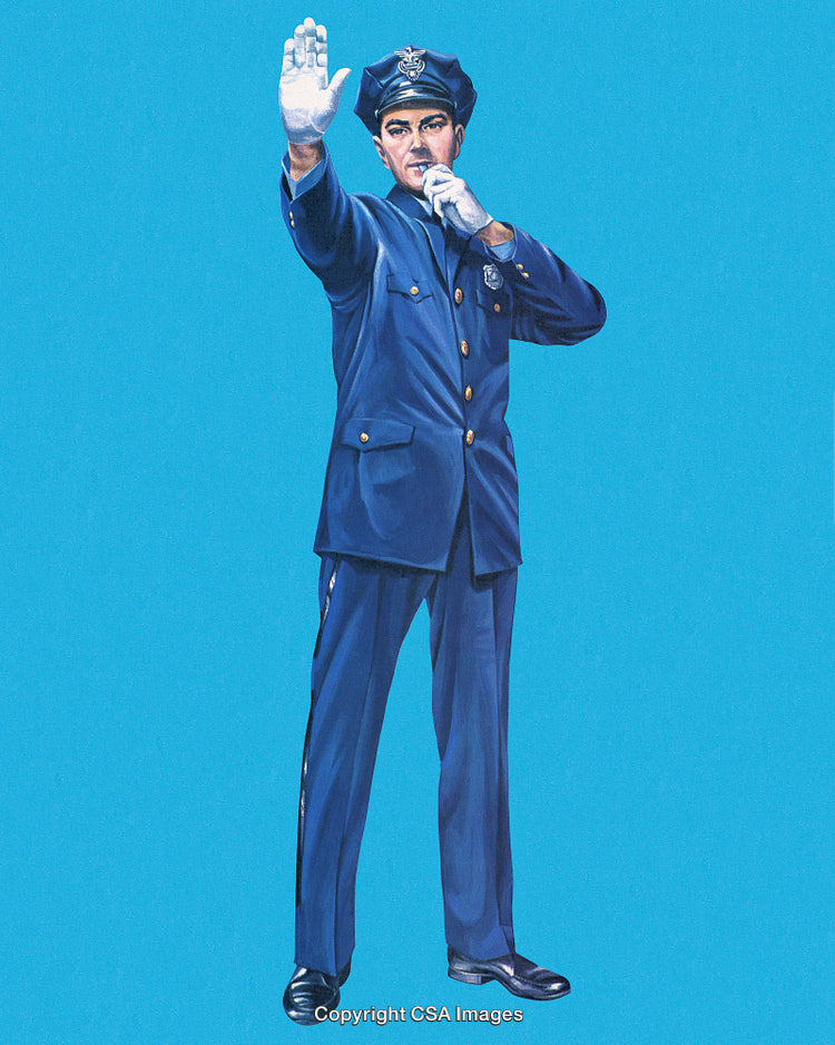 Police Officer Directing Traffic on Blue Background in Uniform