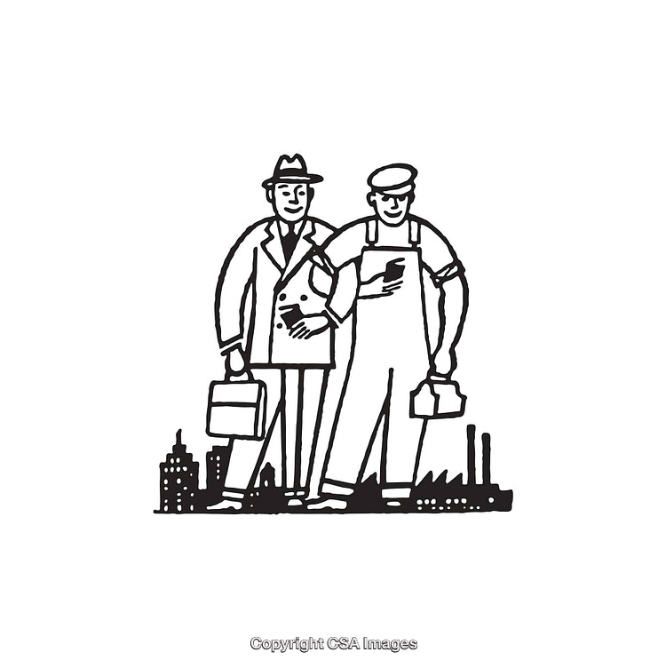 Black and White Line Art of Two Colleagues Standing Together