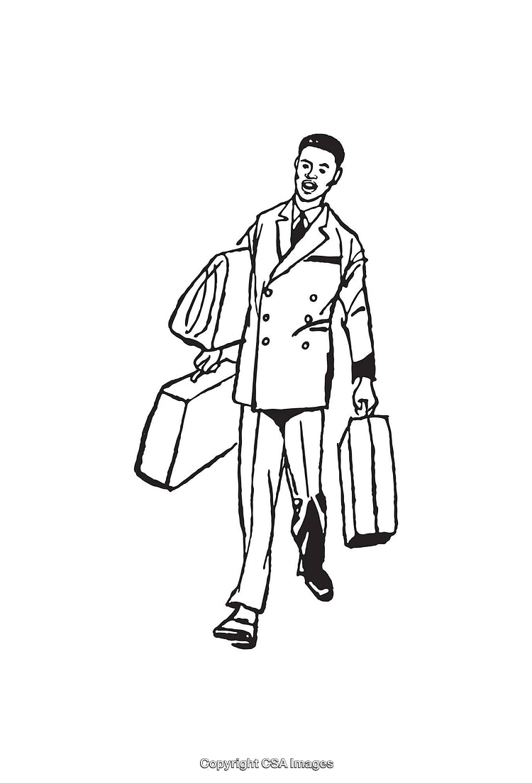 Line Art Illustration of a Stylish Man With Suitcases Walking