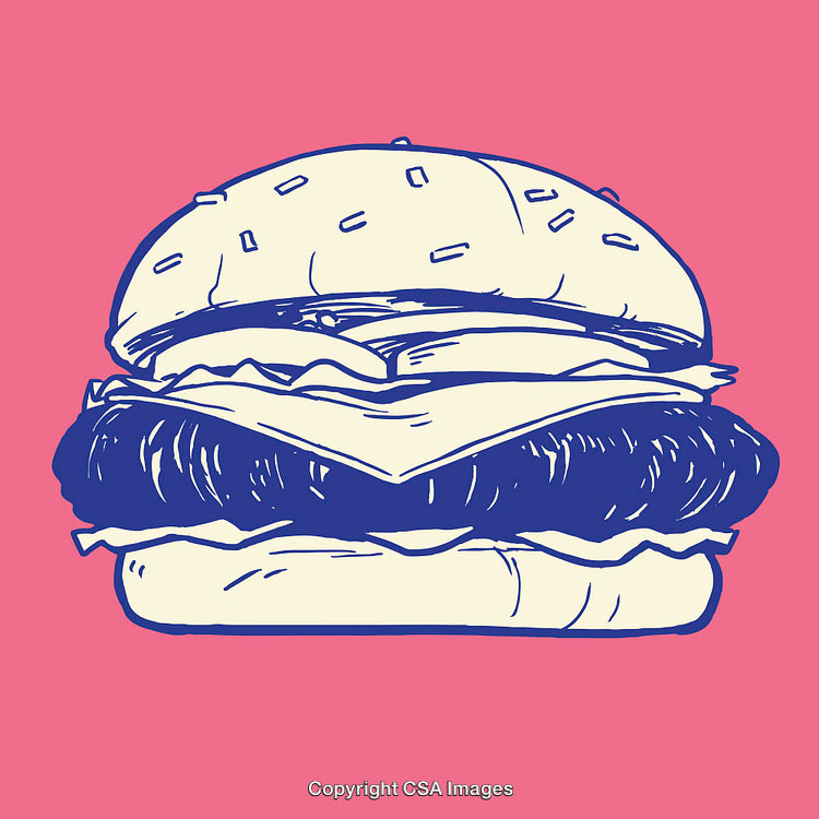 Stylized Colorful Line Drawing of a Cheeseburger on a Vibrant Pink Background