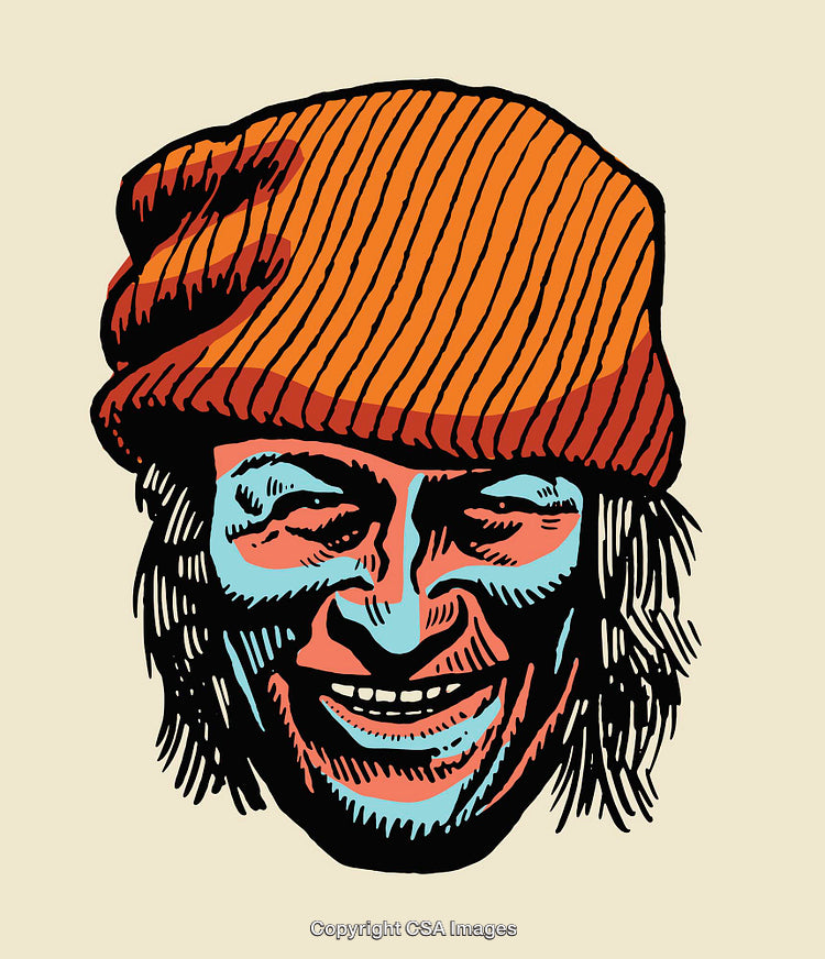 Colorful Illustration of Smiling Man Wearing an Orange Knitted Hat
