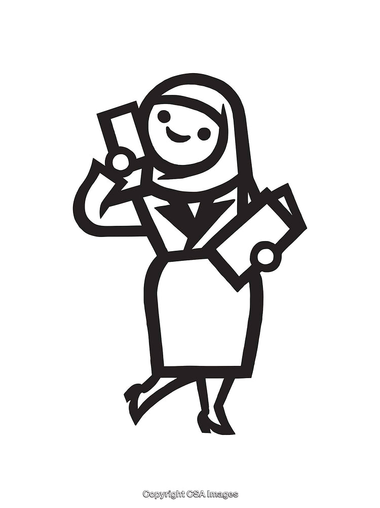 Black and White Line Art of a Professional Woman Holding Papers and Phone