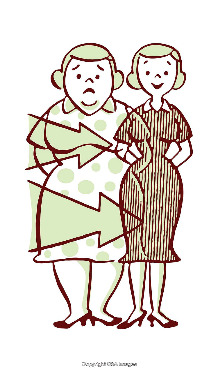 Retro Style Illustration Depicting Two Women Expressing Contrasting Emotions