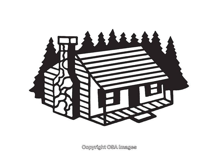 Rustic Cabin Illustration Surrounded by Trees in Black and White Style