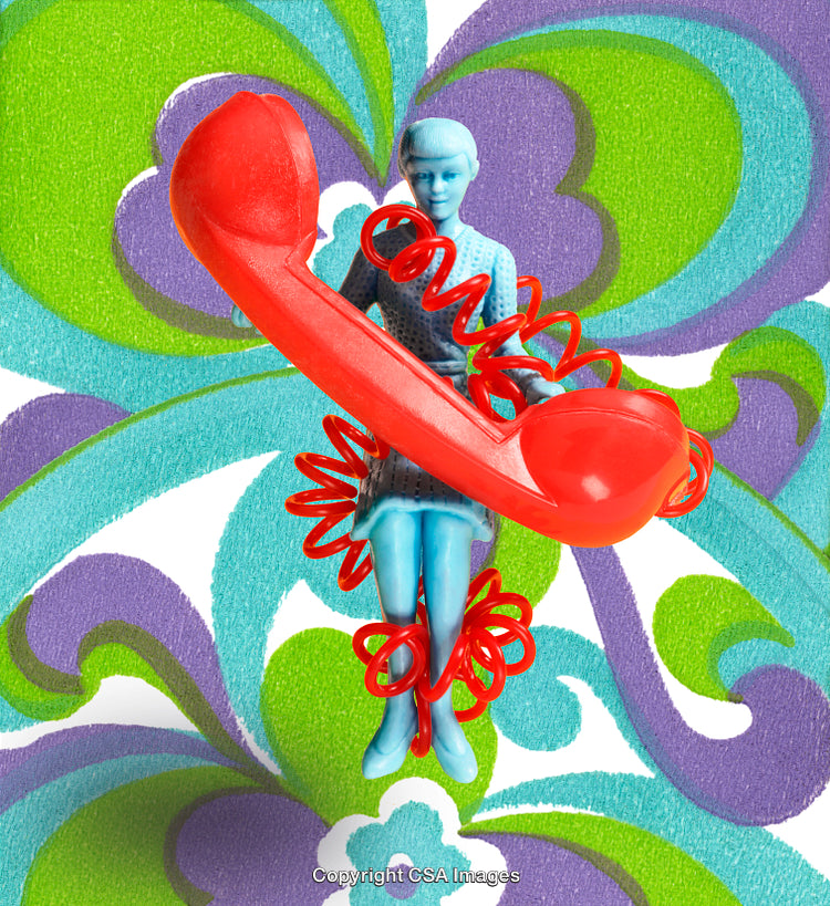 Retro-Inspired Composition Featuring a Mannequin and a Red Telephone in Vibrant Colors