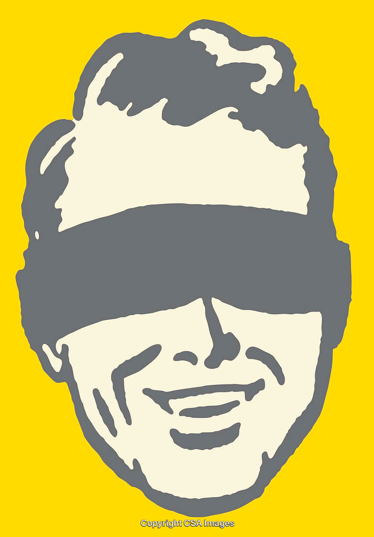 Abstract Line Art of Smiling Face With Blindfold, Bold Yellow Background