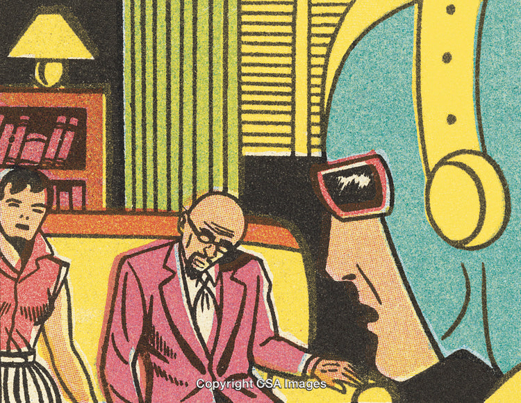 Retro Comic Scene Showcasing Dramatic Characters and Abstract Dialogue