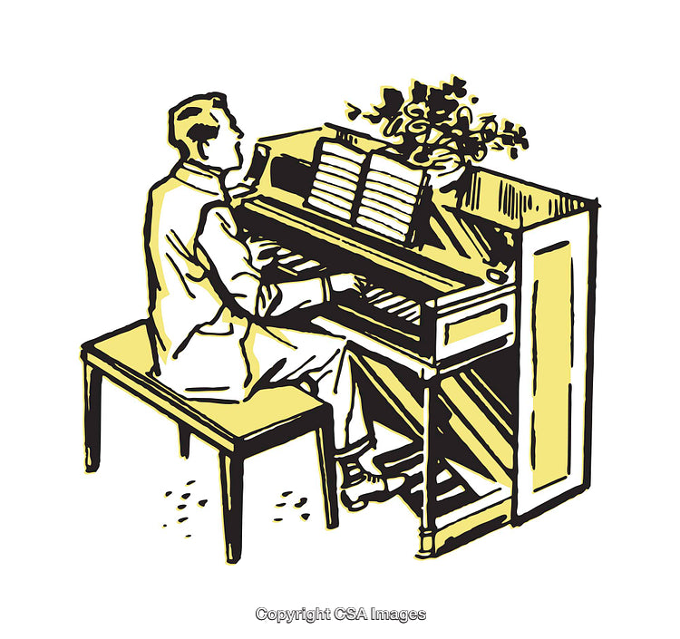 Illustration of a Pianist Playing Music on a Stylish Upright Piano