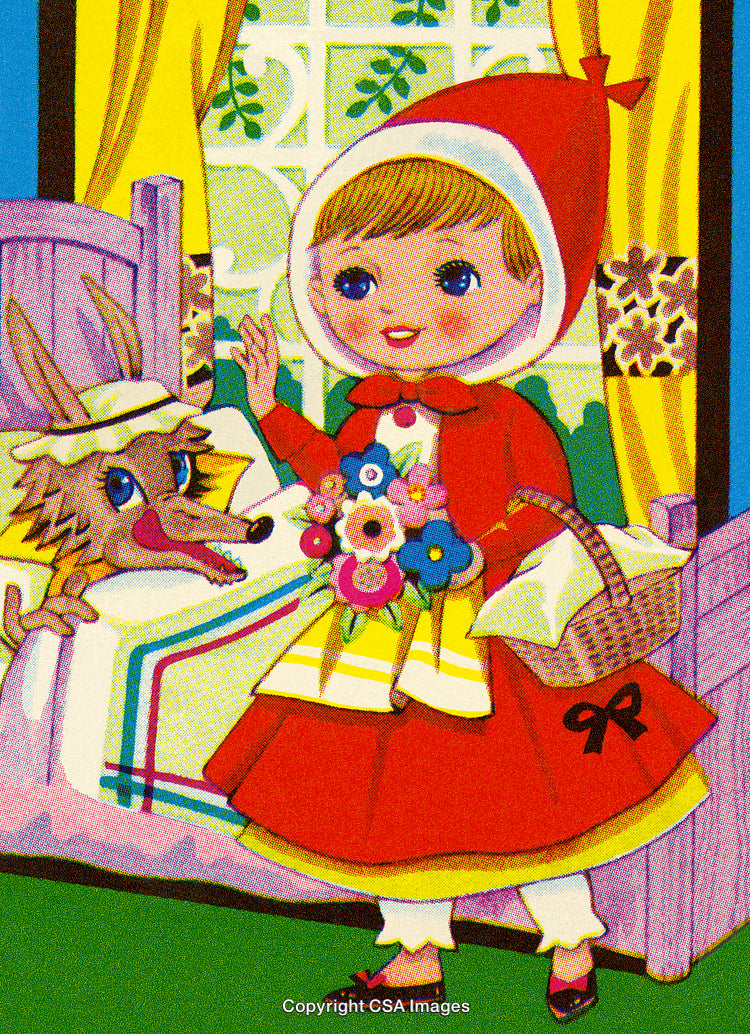 Illustration of Little Red Riding Hood Visiting the Disguised Wolf