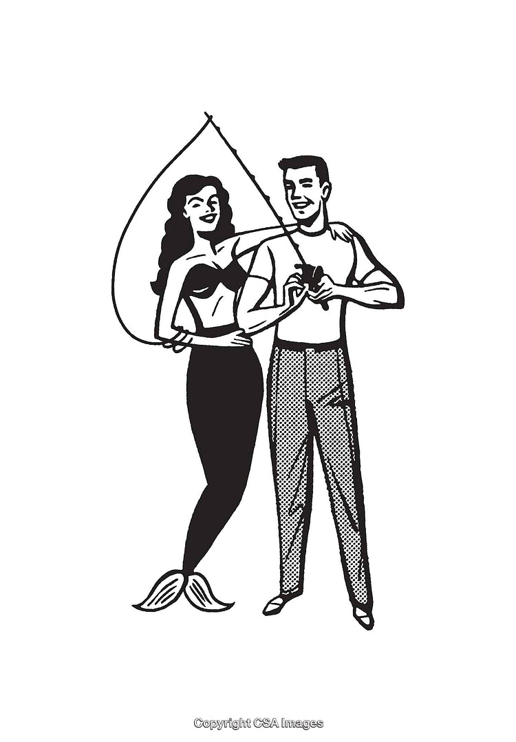 Vintage Illustration of Man Fishing with Mermaid in Retro Style