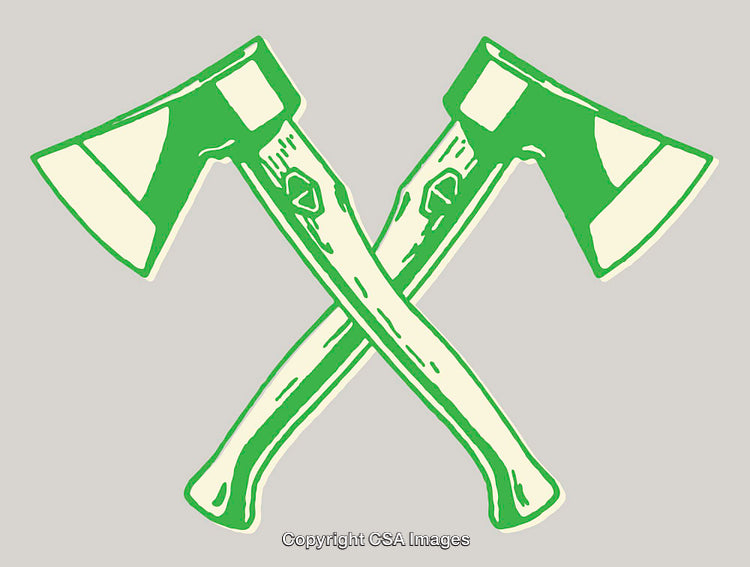 Crossed Green Axes in Minimalist Color Line Art Illustration